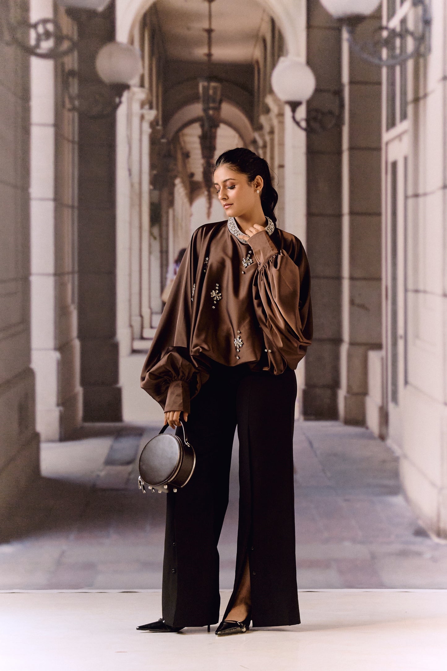 Silk satin balloon crystal kaftan top - Choco