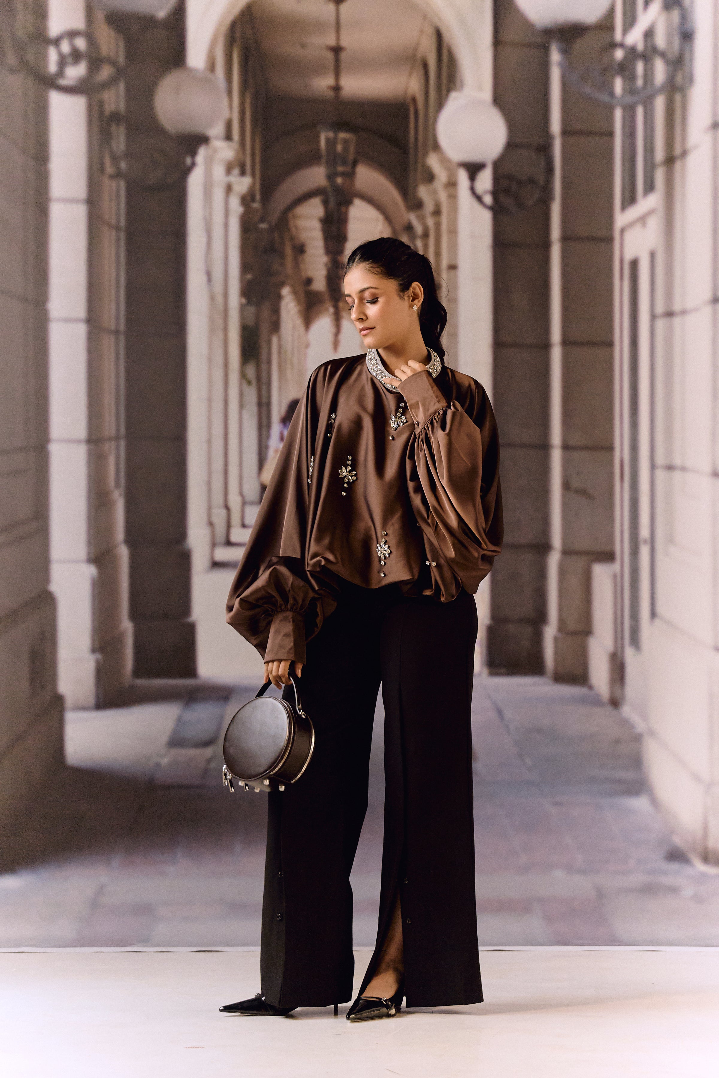 Silk satin balloon crystal kaftan top - Choco