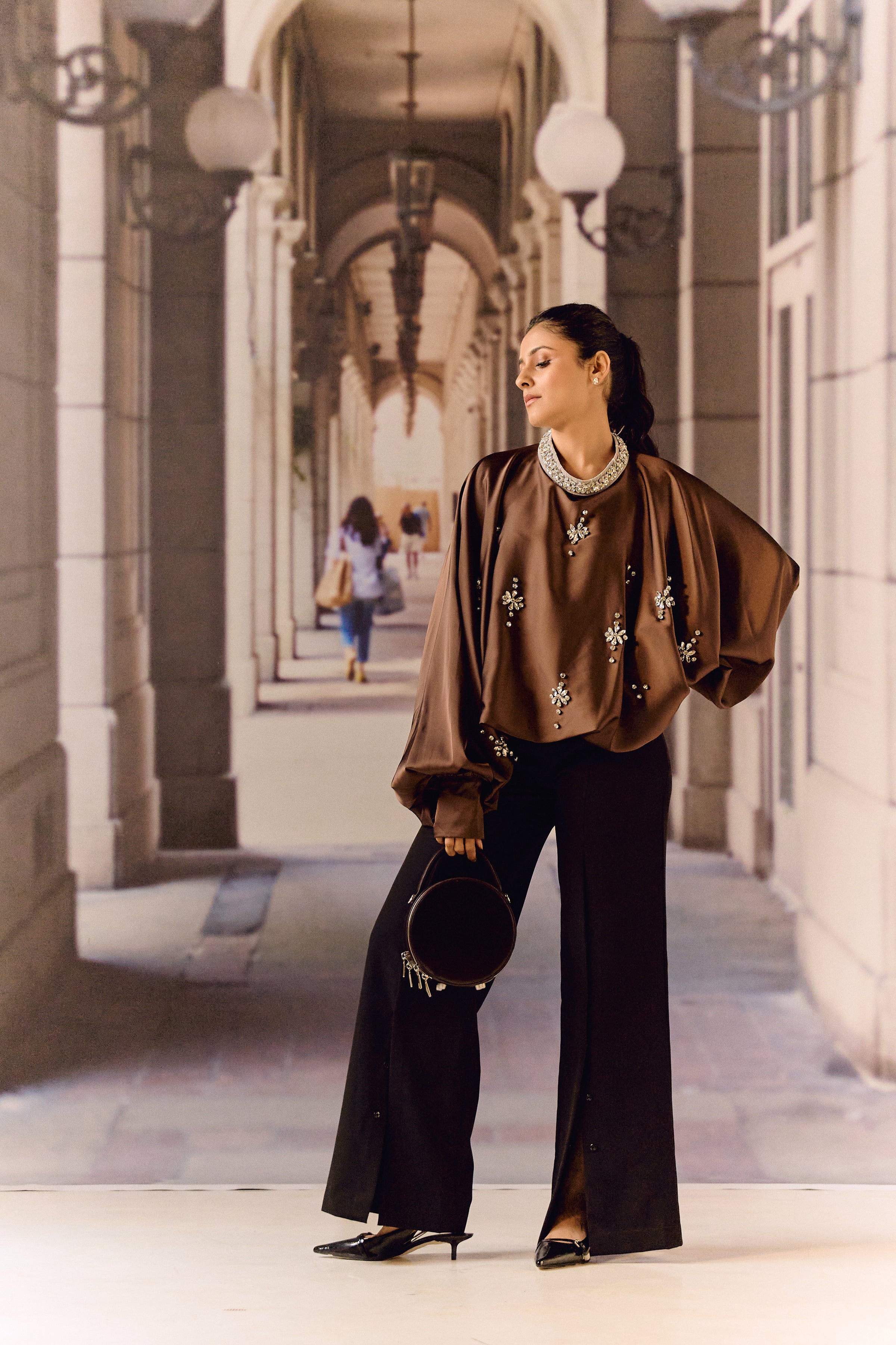 Silk satin balloon crystal kaftan top - Choco