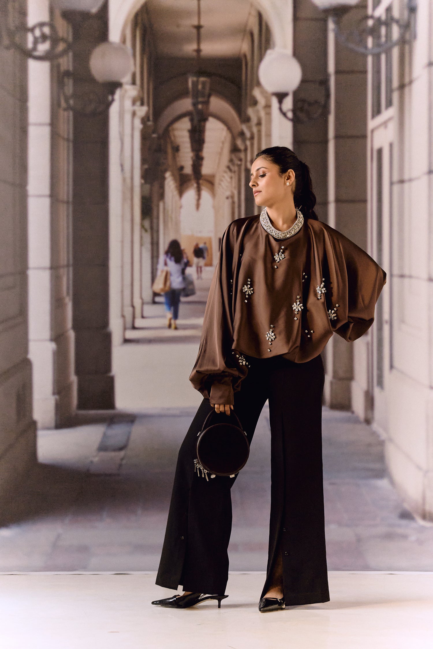 Silk satin balloon crystal kaftan top - Choco