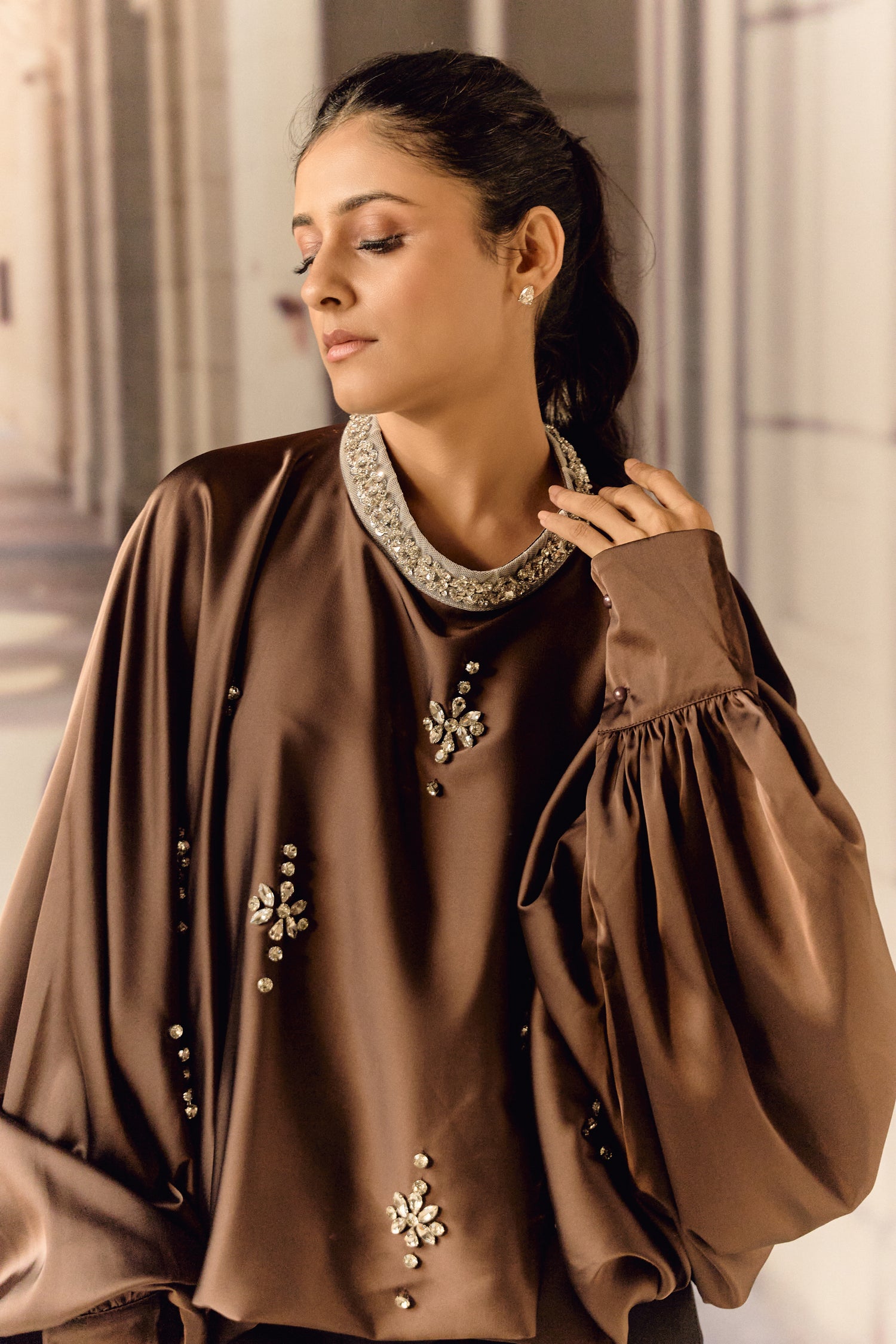 Silk satin balloon crystal kaftan top - Choco
