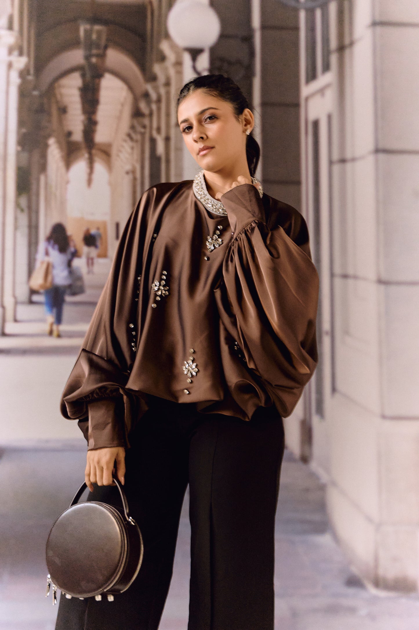 Silk satin balloon crystal kaftan top - Choco