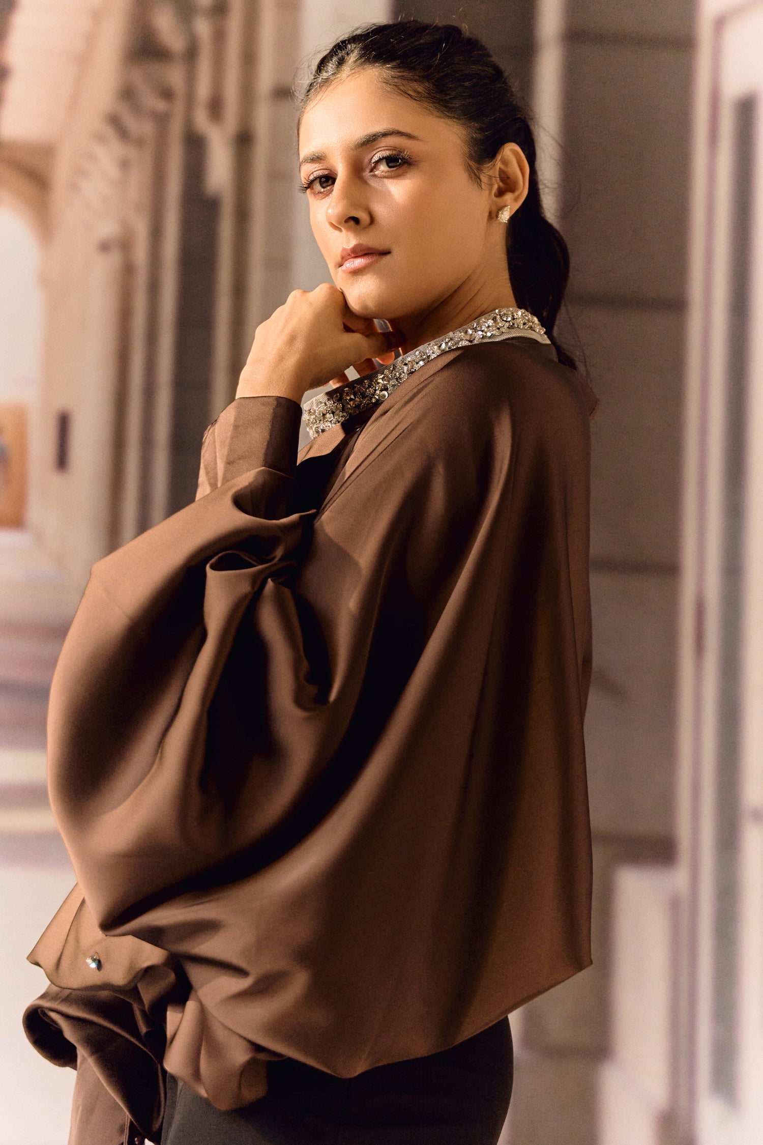 Silk satin balloon crystal kaftan top - Choco