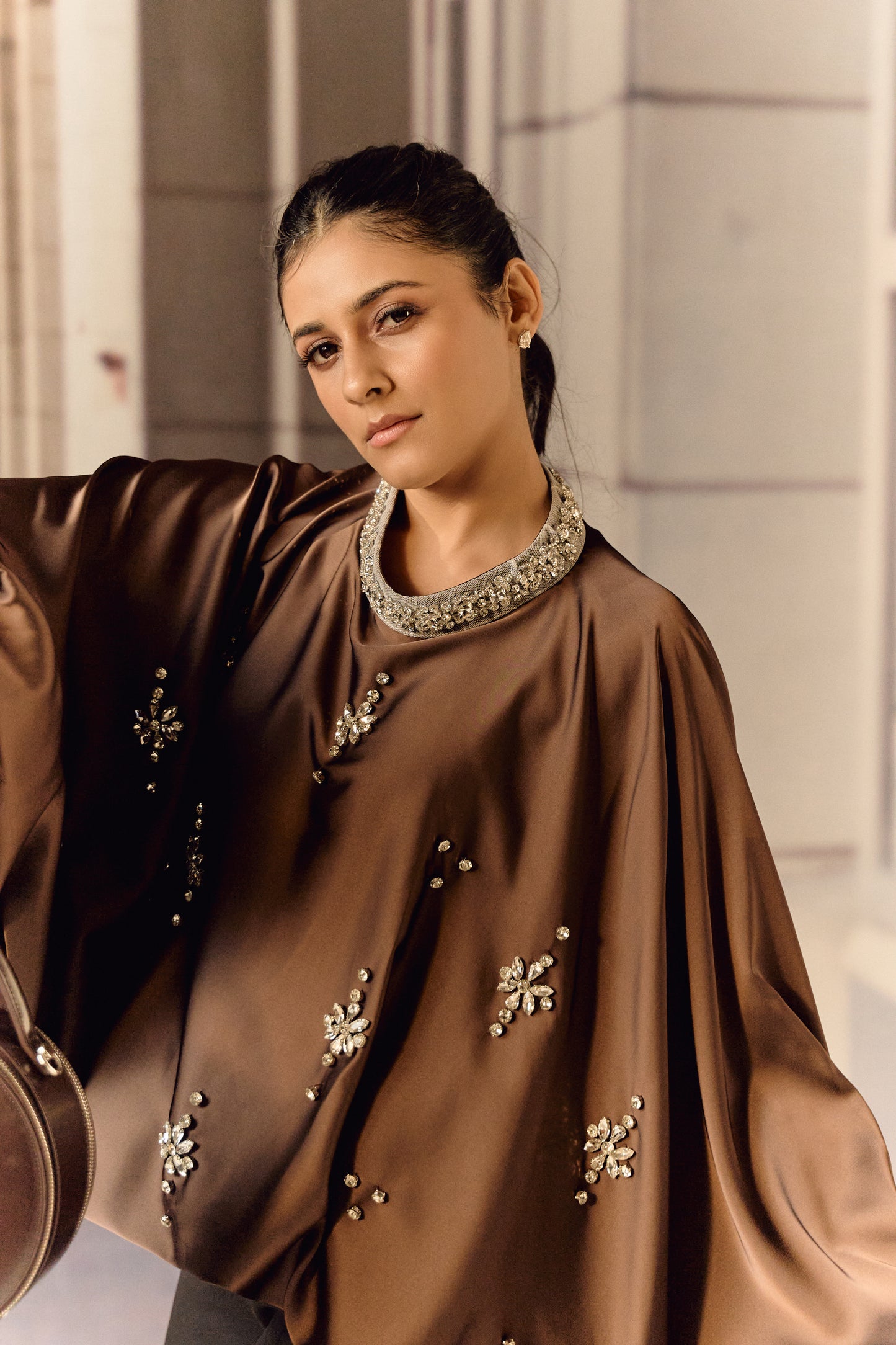 Silk satin balloon crystal kaftan top - Choco