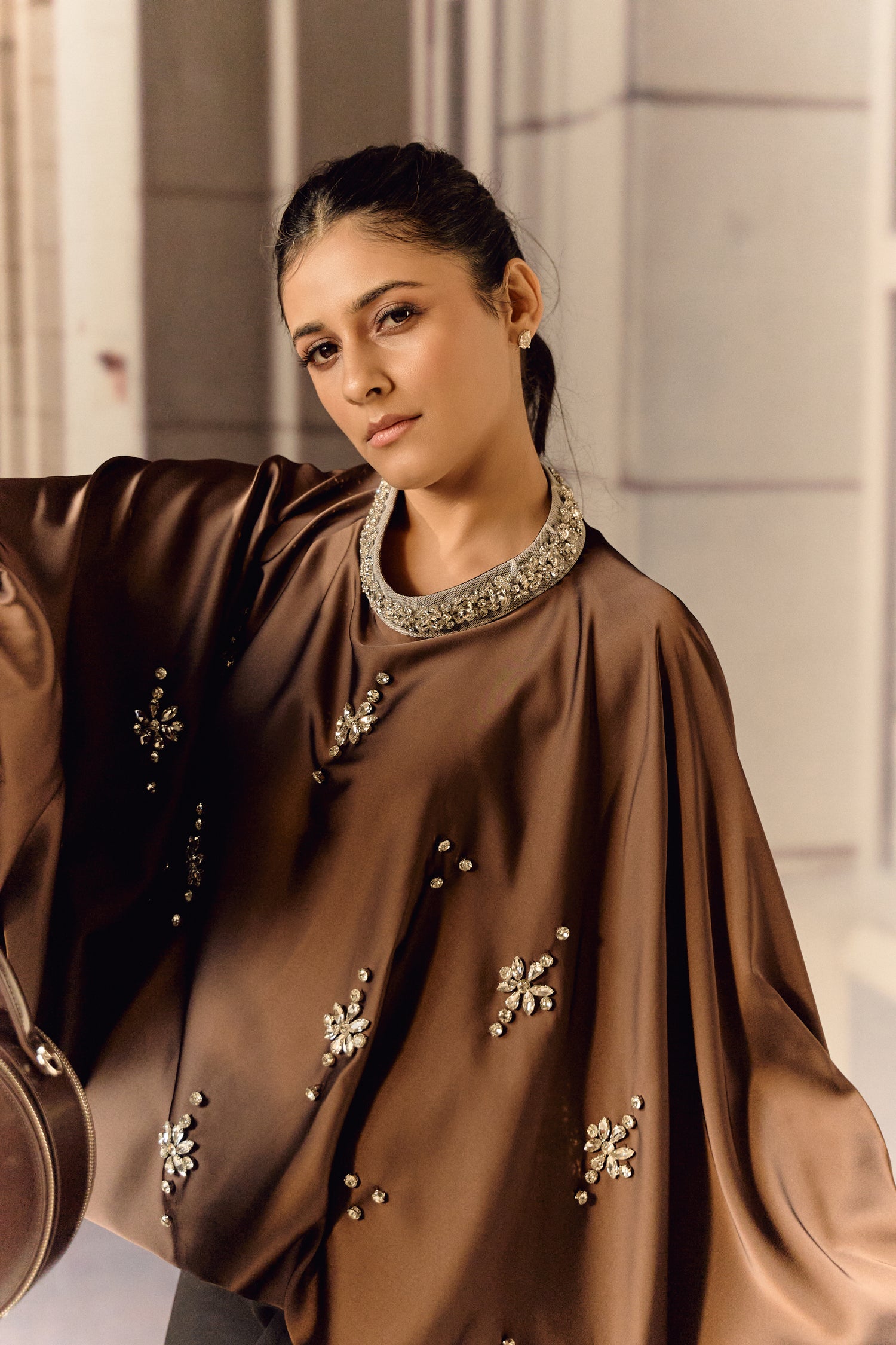 Silk satin balloon crystal kaftan top - Choco