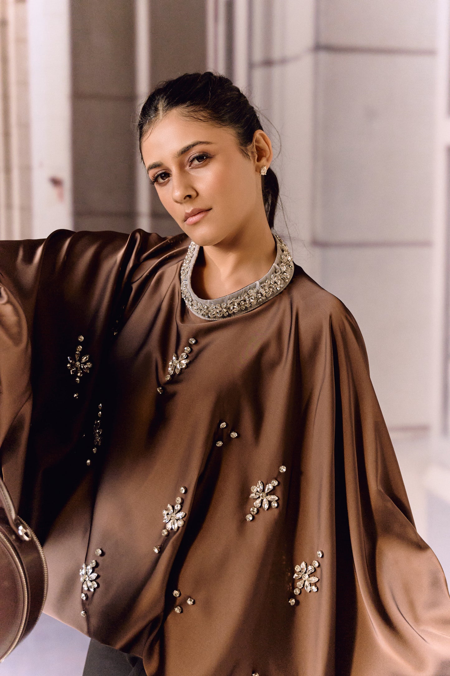 Silk satin balloon crystal kaftan top - Choco
