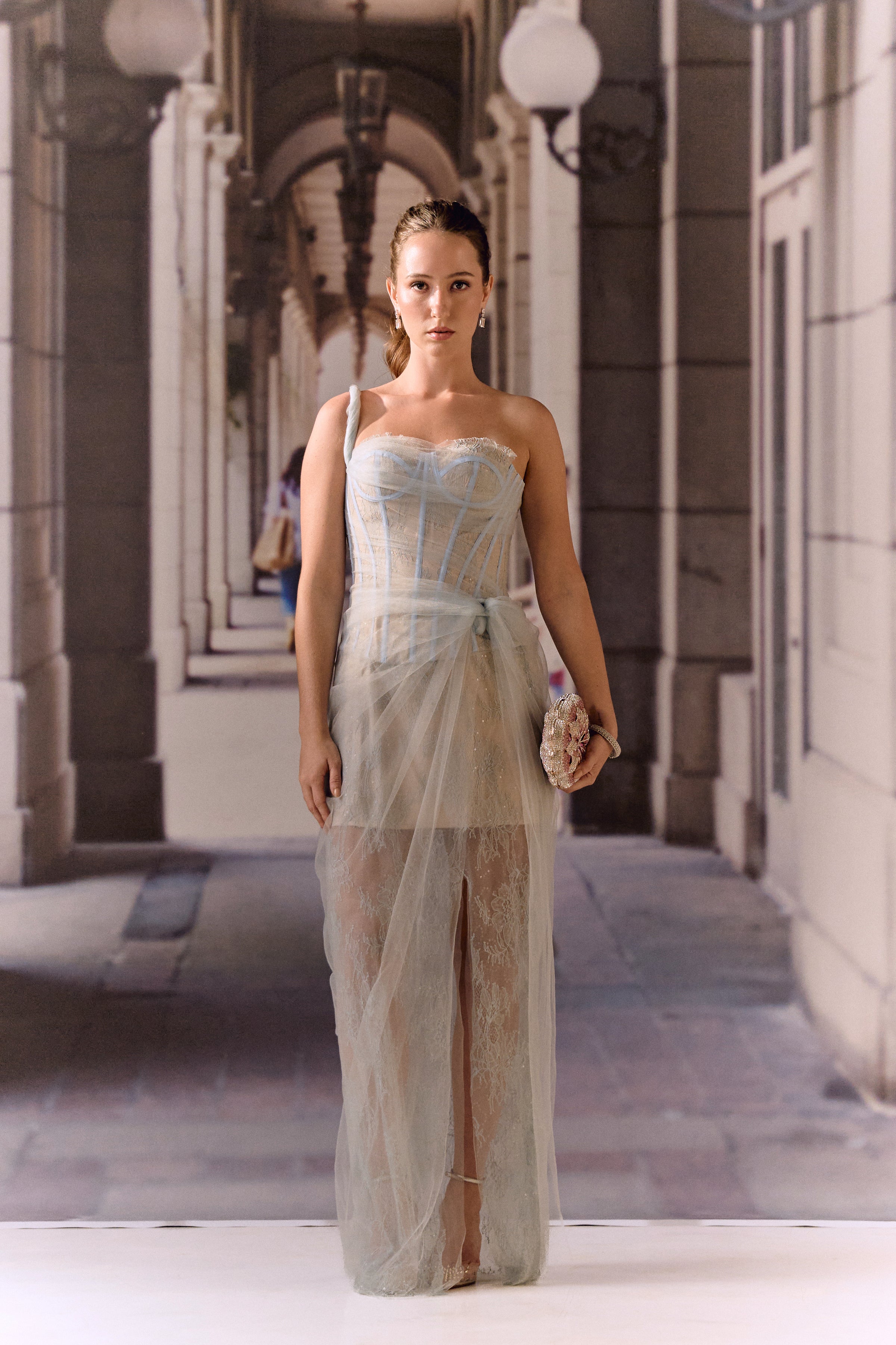 One shoulder corset netted dress with lace - Powder blue