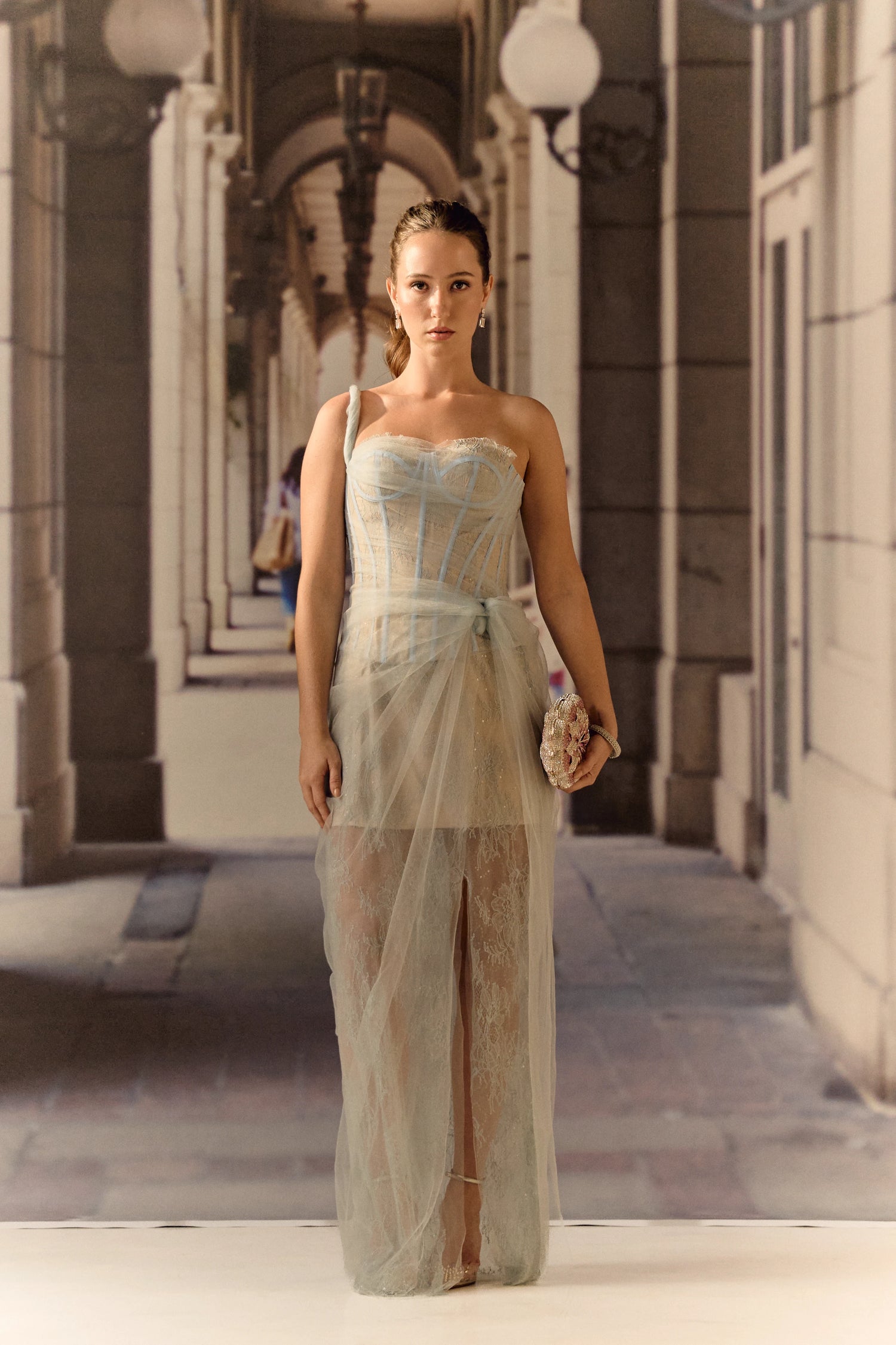 One shoulder corset netted dress with lace - Powder blue