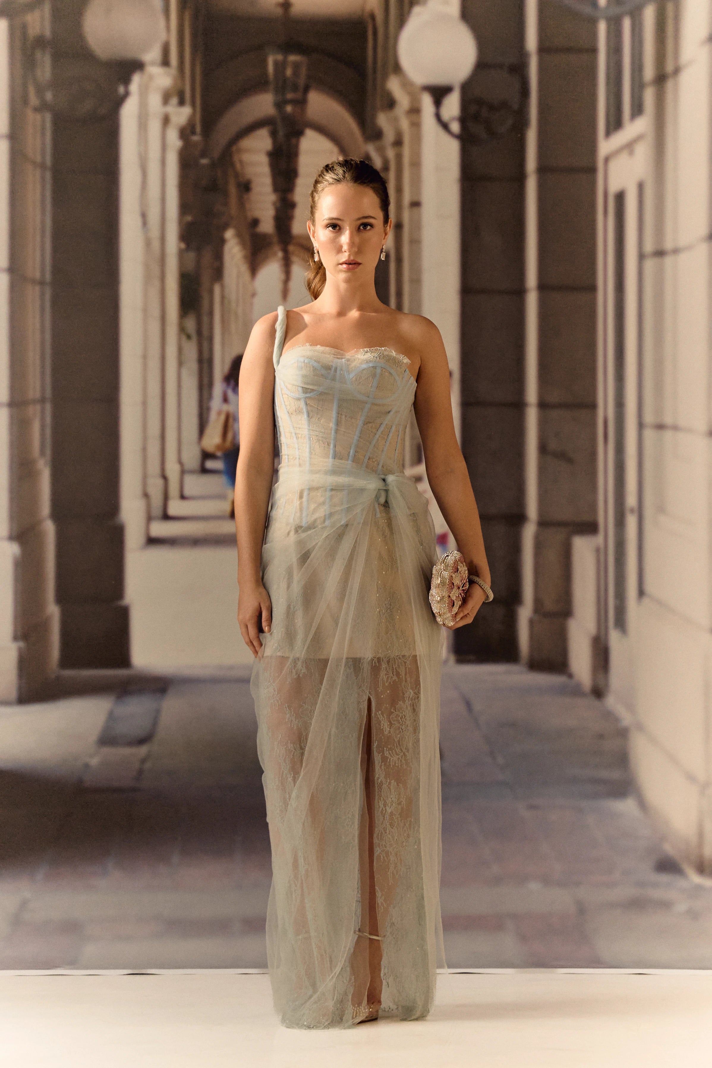 One shoulder corset netted dress with lace - Powder blue