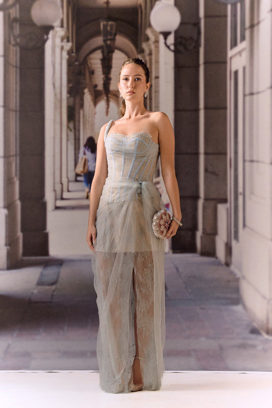 One shoulder corset netted dress with lace - Powder blue