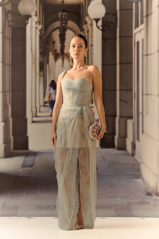 One shoulder corset netted dress with lace - Powder blue