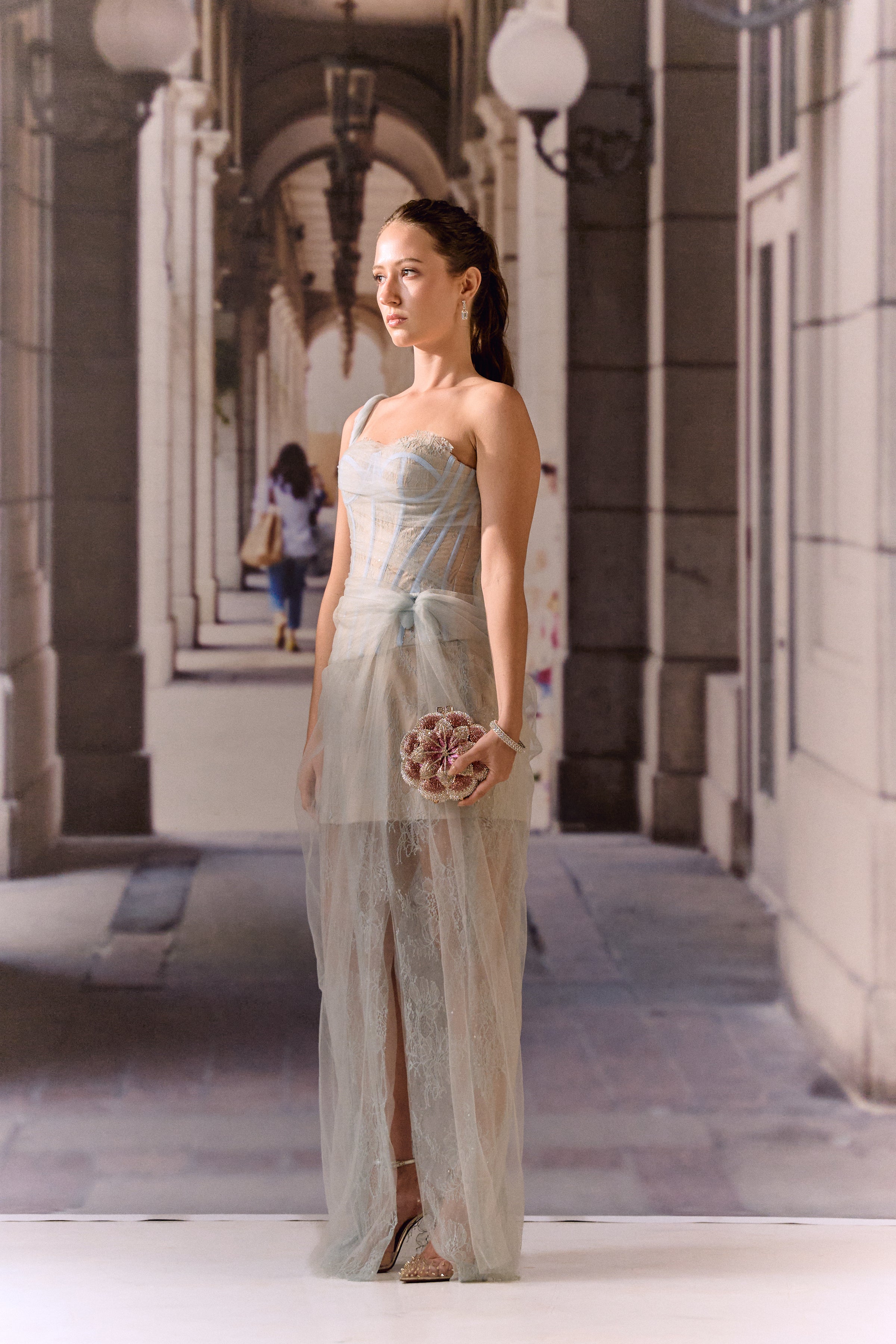 One shoulder corset netted dress with lace - Powder blue