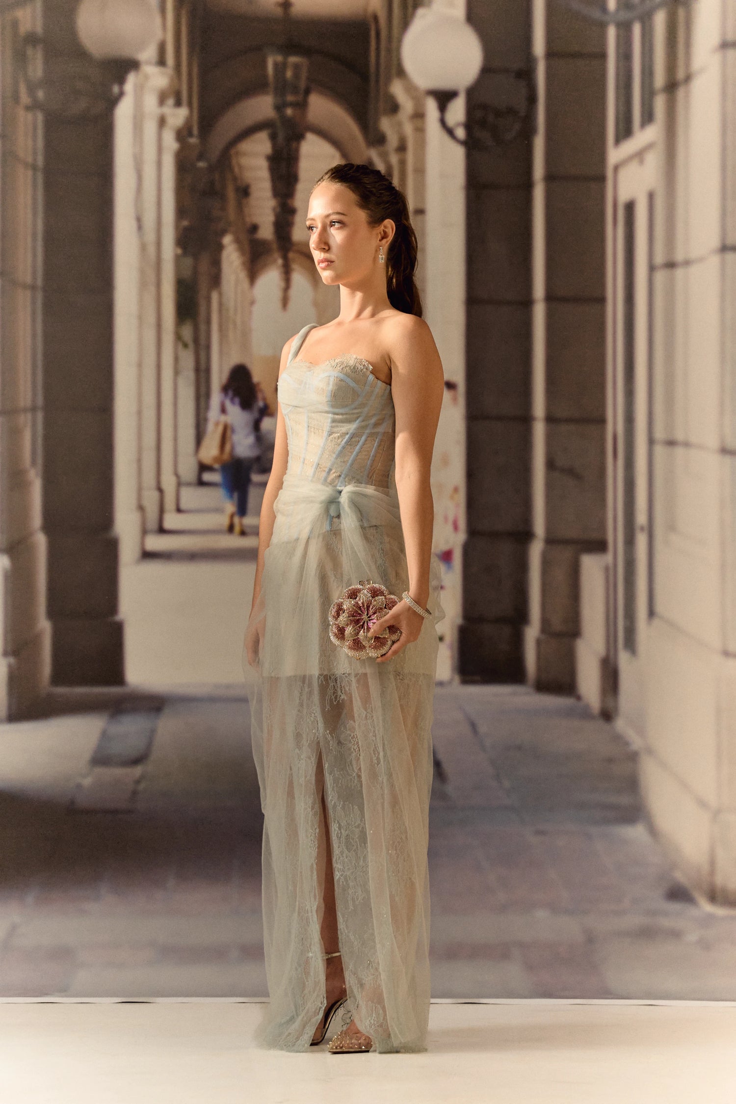One shoulder corset netted dress with lace - Powder blue