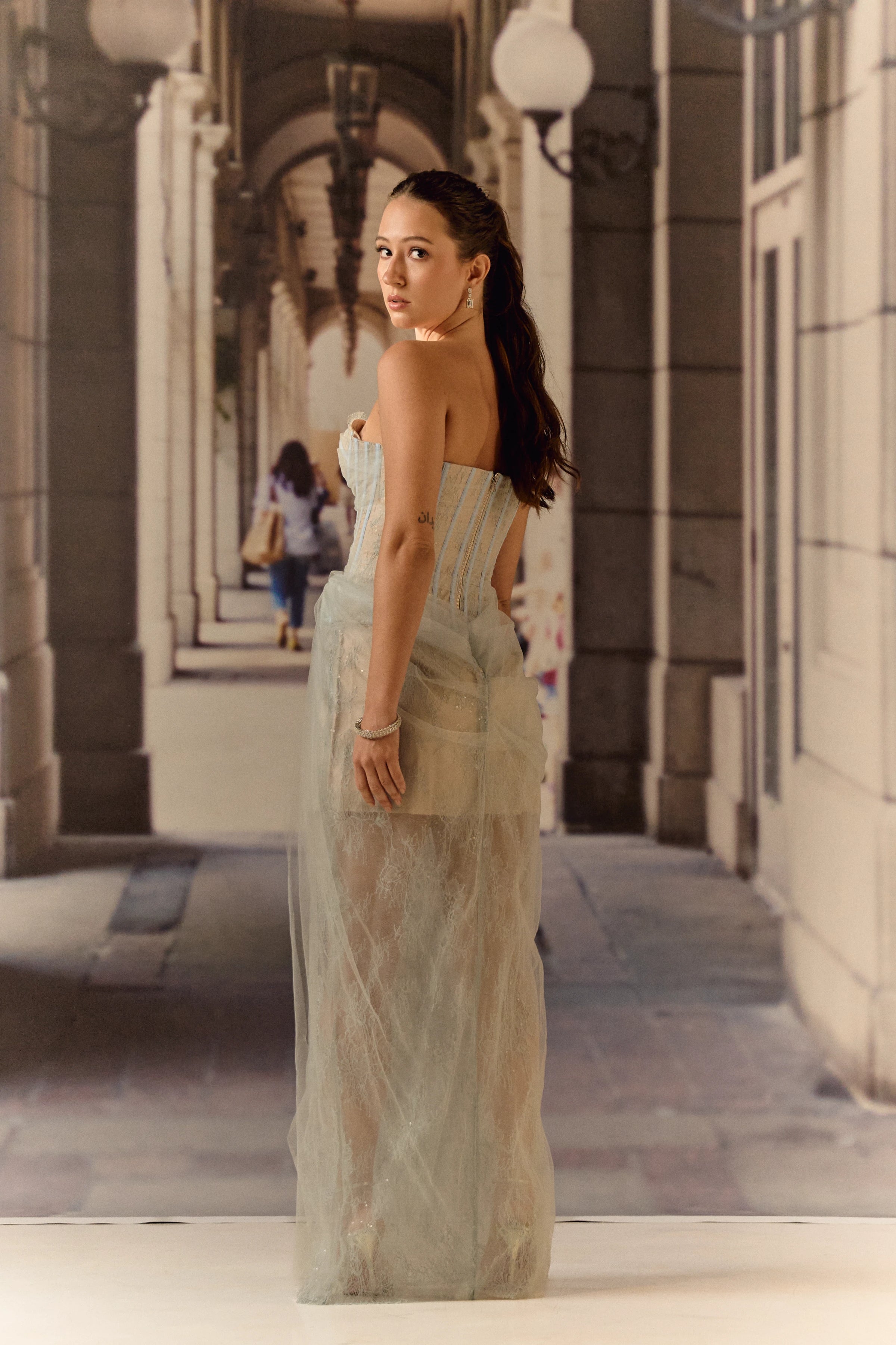 One shoulder corset netted dress with lace - Powder blue
