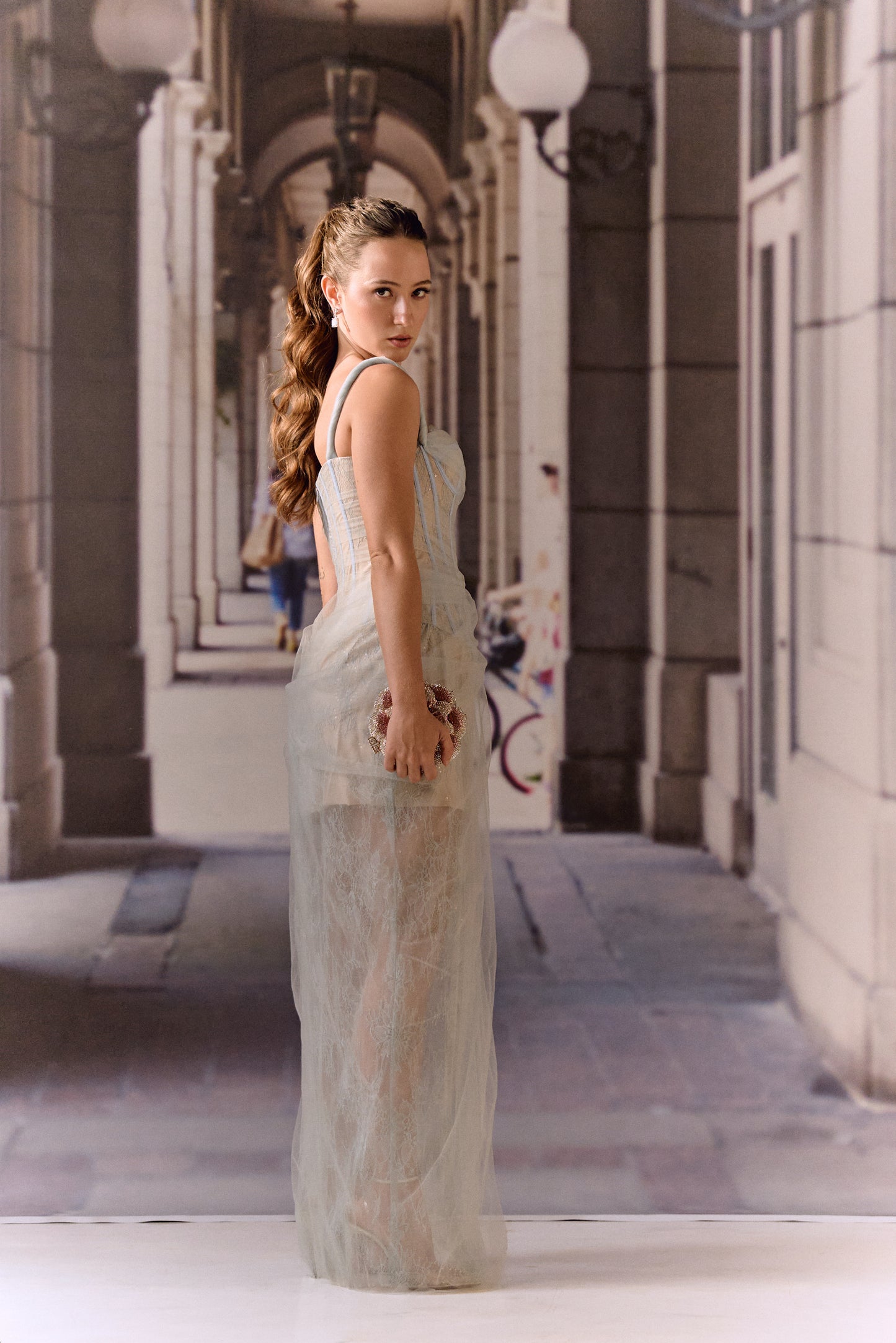 One shoulder corset netted dress with lace - Powder blue