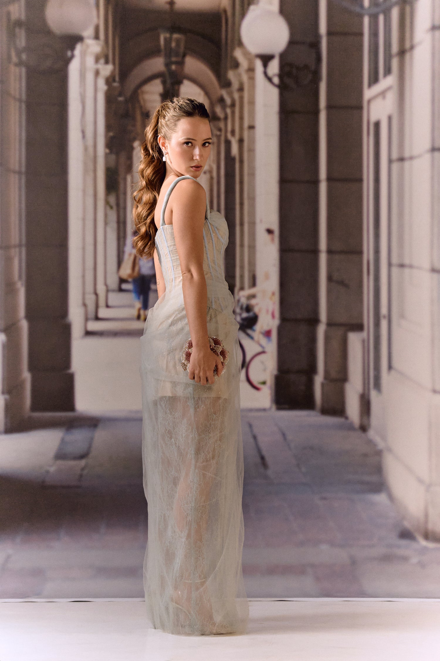 One shoulder corset netted dress with lace - Powder blue