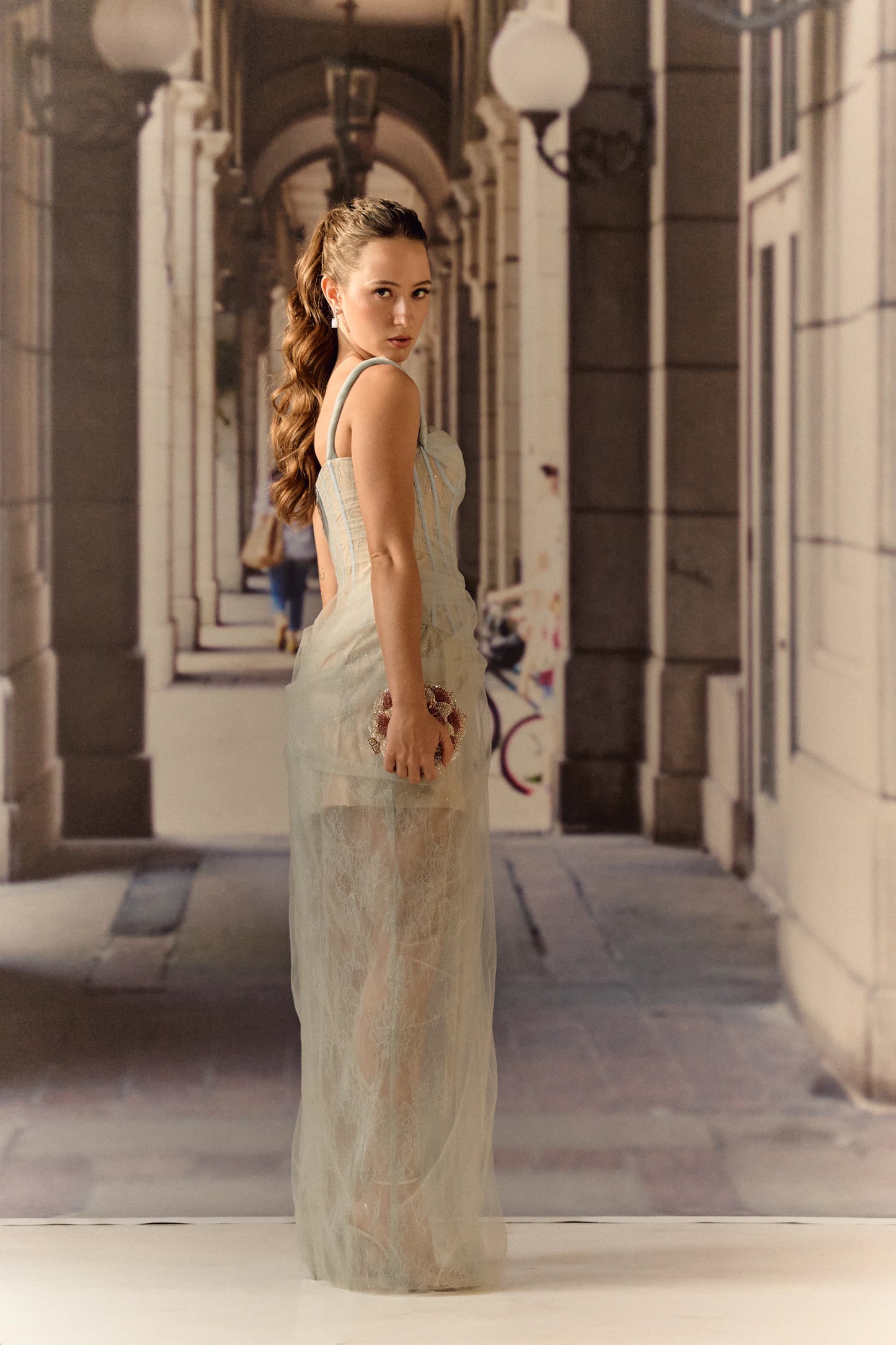 One shoulder corset netted dress with lace - Powder blue
