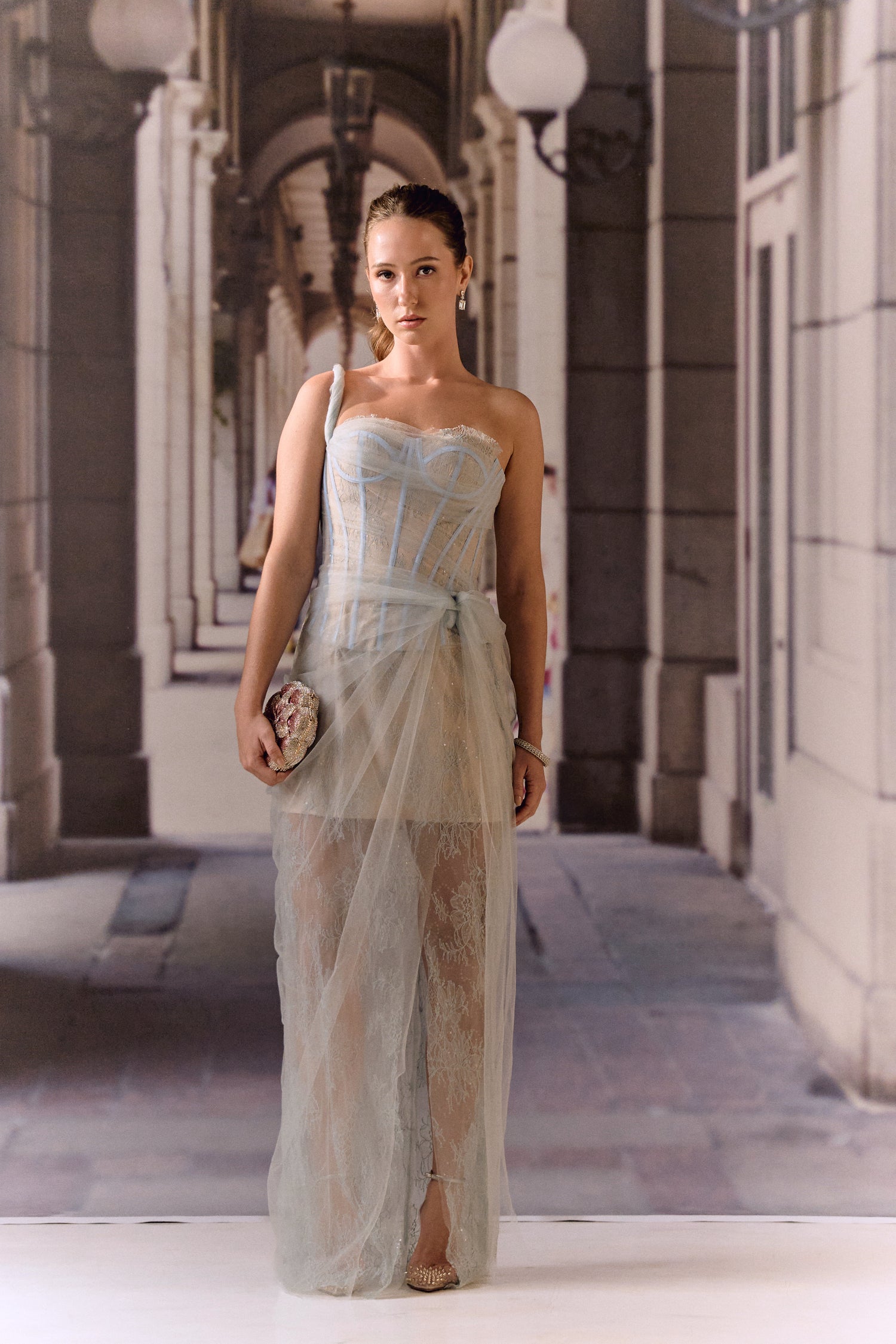 One shoulder corset netted dress with lace - Powder blue
