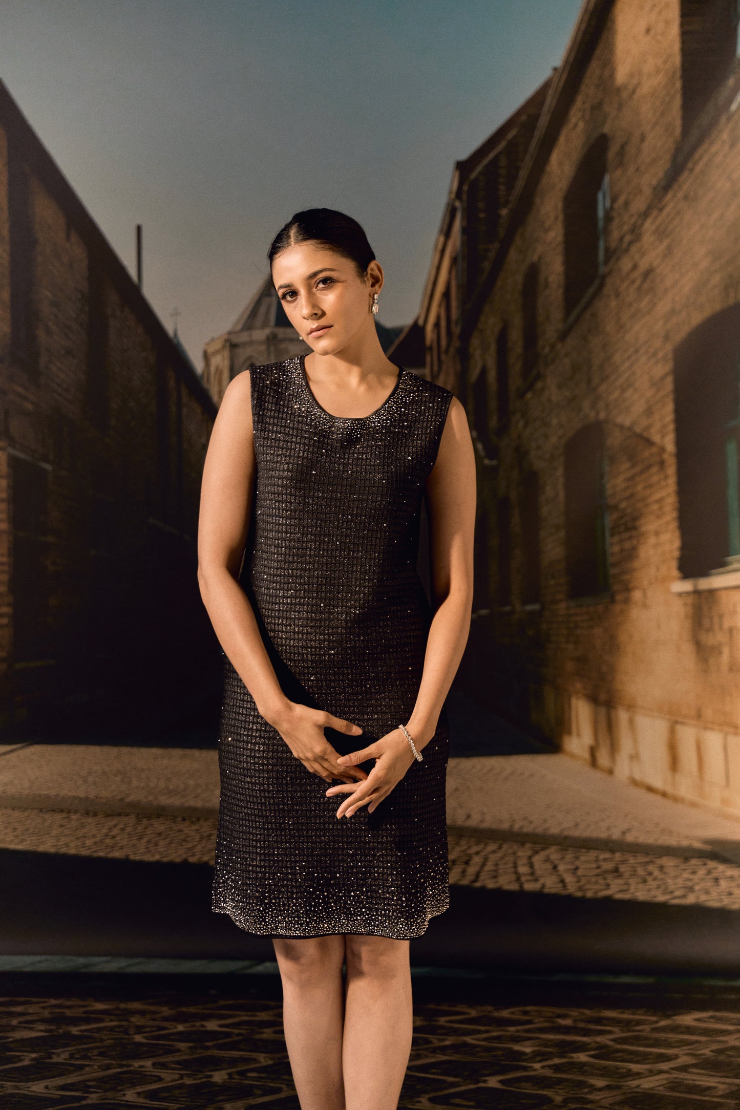 Swarovski Knit Shift Dress- Black