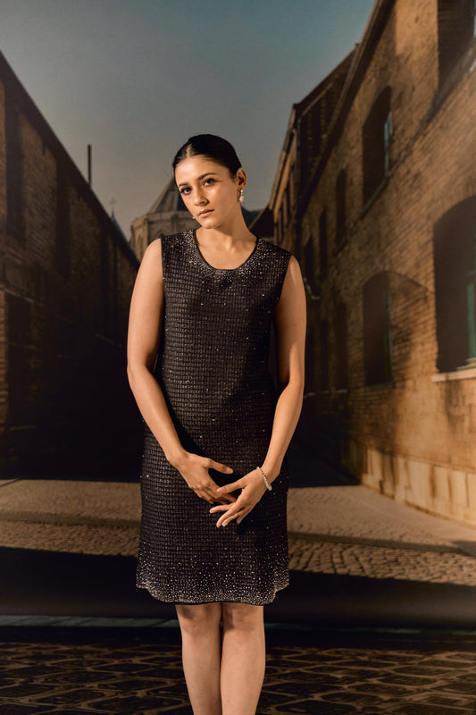 Waffle knit shift dress with Swarovski - Black