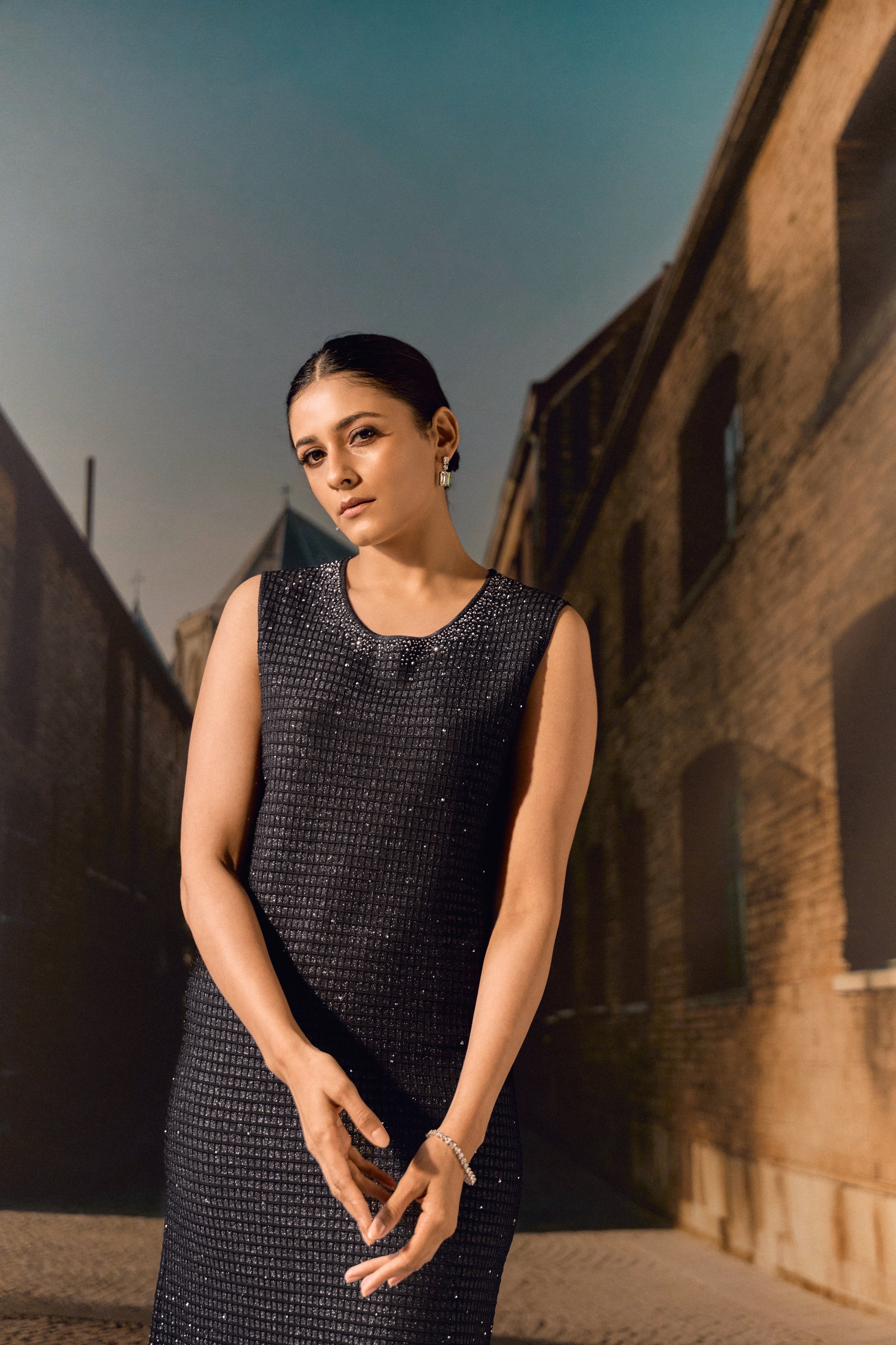 Swarovski Knit Shift Dress- Black