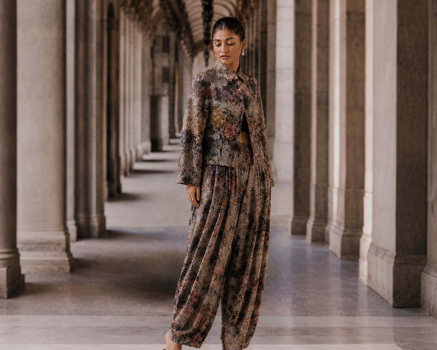 Printed Front Trim Jacket and Dhoti Set