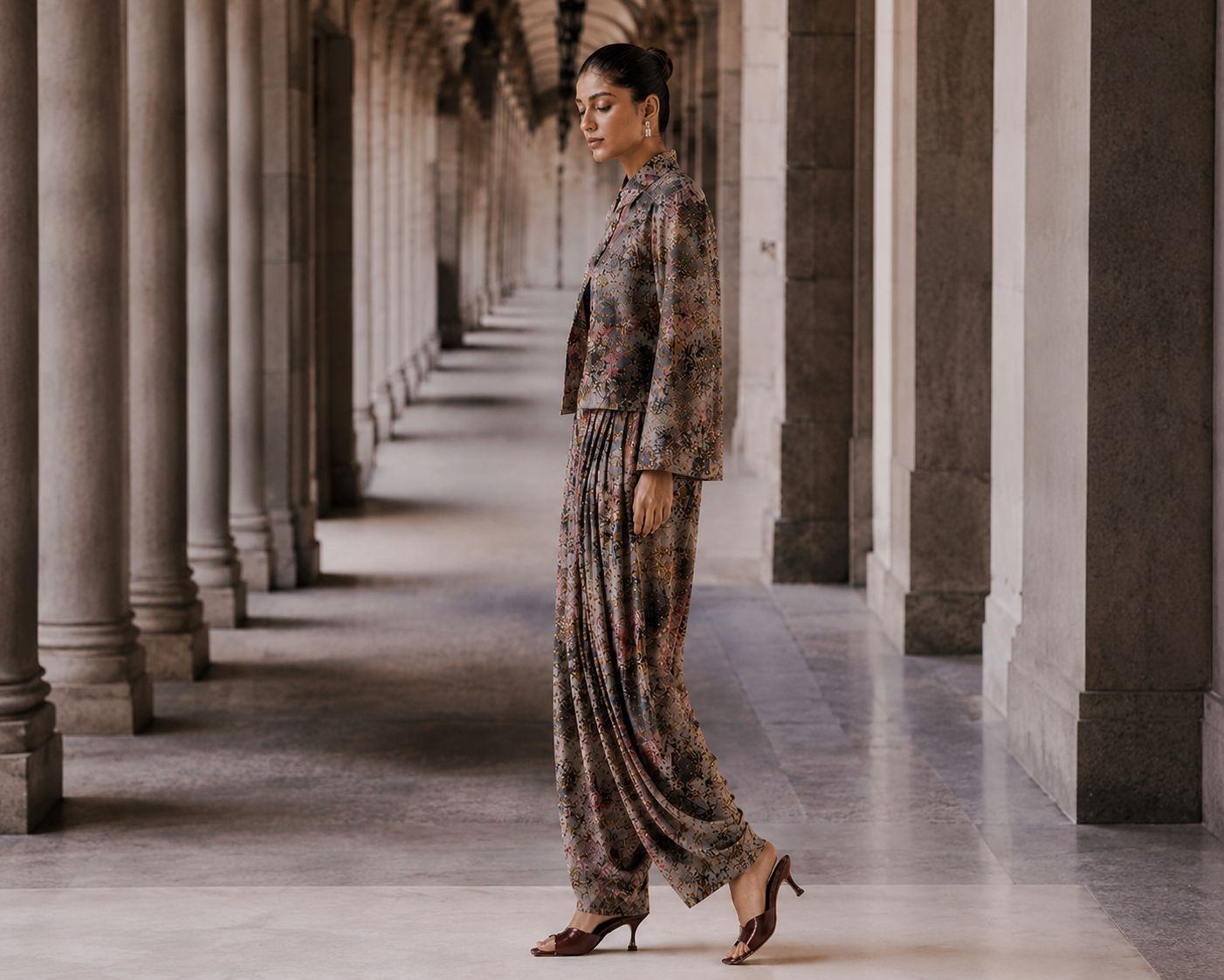 Printed Front Trim Jacket and Dhoti Set