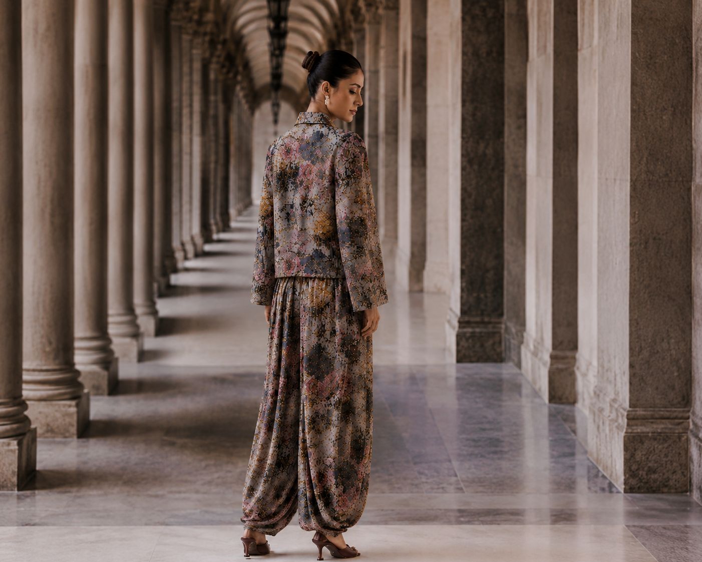 Printed Front Trim Jacket and Dhoti Set