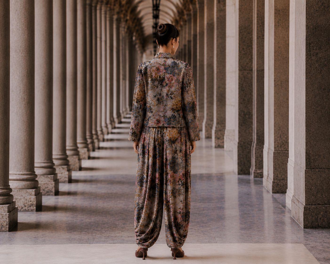 Printed Front Trim Jacket and Dhoti Set