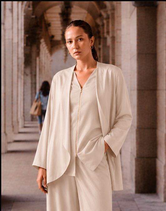 Layered Shawl Jacket, Zip-Up Jacket & Trouser Set