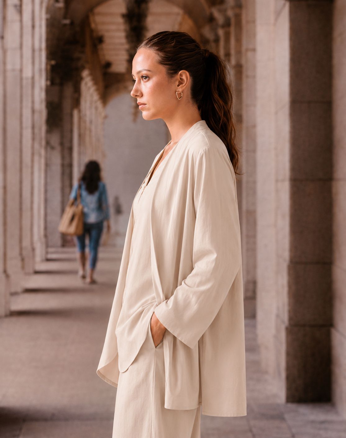 Layered Shawl Jacket, Zip-Up Jacket & Trouser Set
