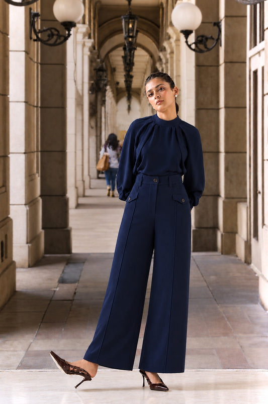 Navy Blue Georgette Gathered Sleeve Co-ord Set