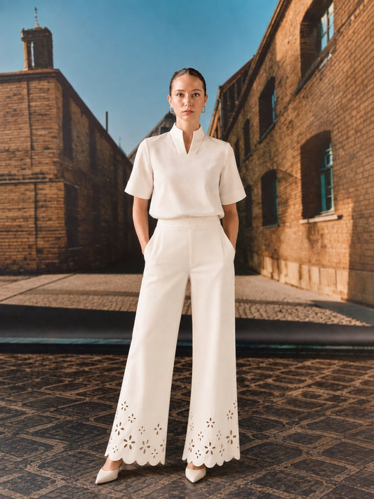 Linen Spandex Floral Cutwork Trousers