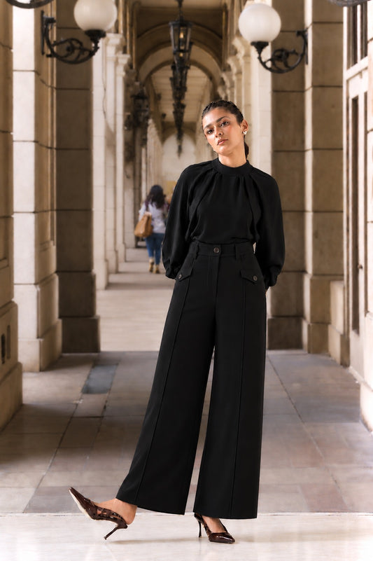 Black Georgette Gathered Sleeve Co-ord Set