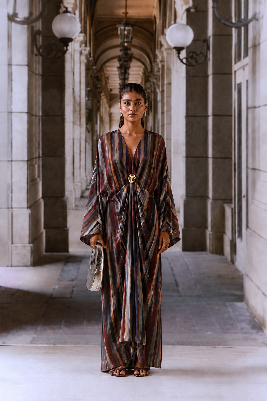 Striped Silk Crepe Kaftan Dress