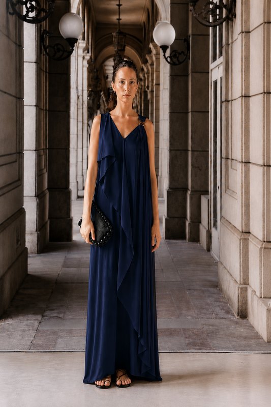 Navy Blue evening sleeveless draped dress with a golden trim