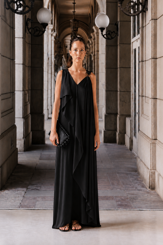 Black sleeveless draped dress with a golden trim